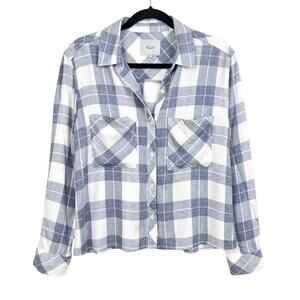 Rails Plaid Cropped Long Sleeve Button Down Blouse Blue and White Size M